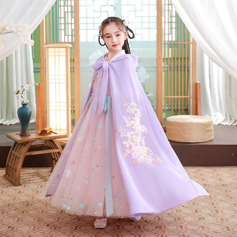 新款儿童古装斗篷女童披风中国风汉服长款披肩防晒衣连帽薄款夏装