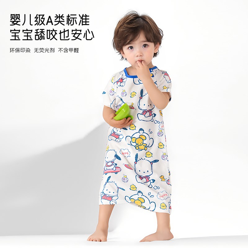 婴儿睡裙防踢春秋男女儿童睡衣连体衣纯棉短袖夏季宝宝睡袍家居服
