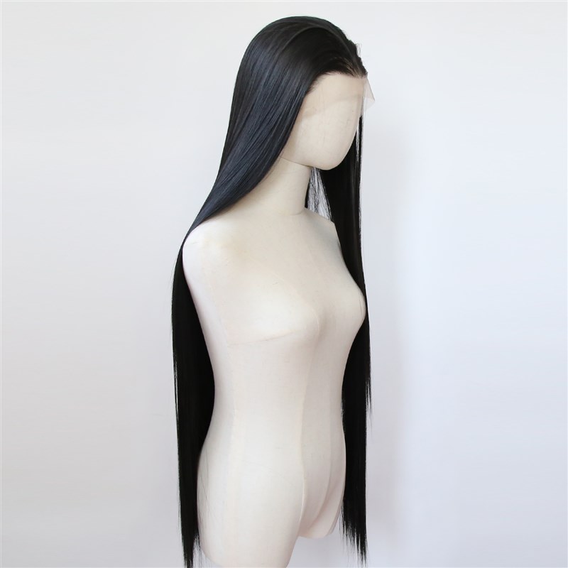 1米长自然黑色前蕾丝化纤大蕾丝高温丝假发COS超长直发整顶假发