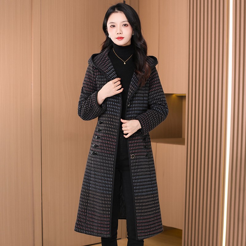 好货夹棉加厚大衣女款2025新款冬季流行妈妈千鸟格中长毛呢子风衣