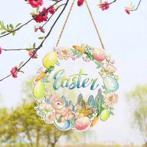 好货Easter Hanging Sign Rabbit Wall Decoration Pendant Round