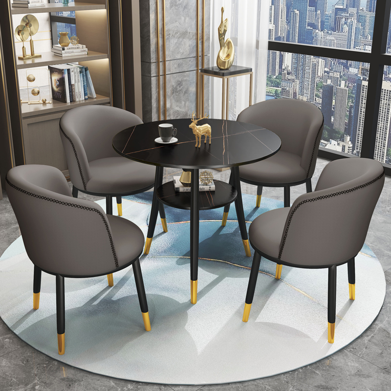 轻奢岩板小圆桌双层办公会客接待洽谈桌椅组合小户型家用阳台餐桌