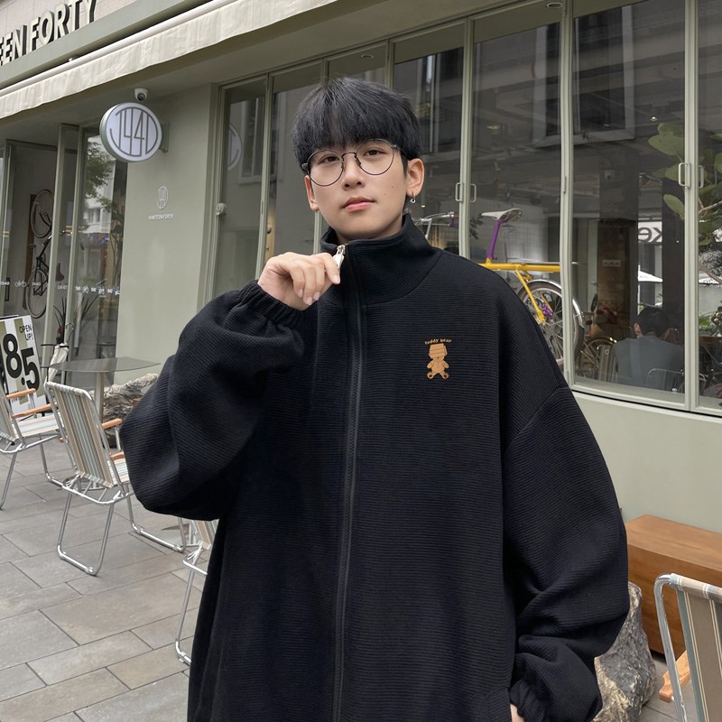 美式重磅立领开衫外套男春秋款拉链夹克上衣宽松情侣华格夫运动服