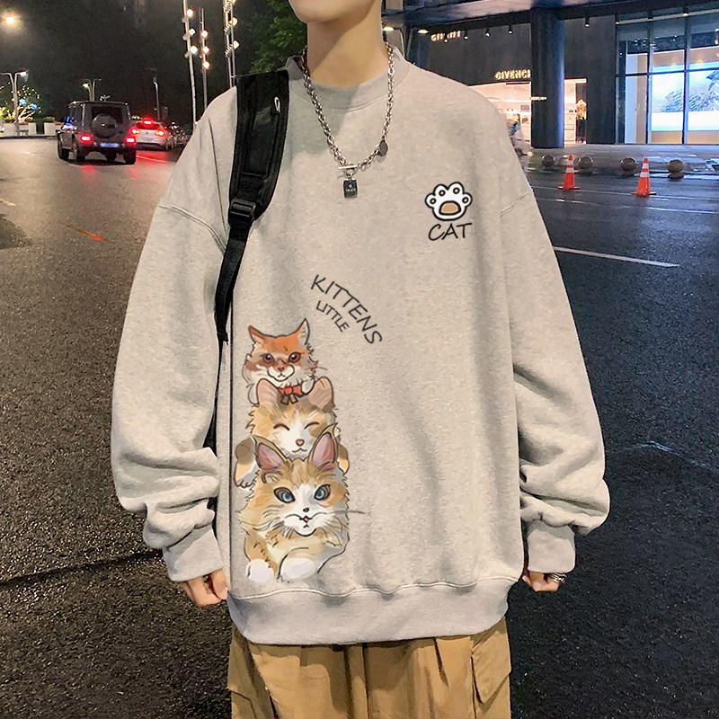 山东即墨圆领卫衣男秋季新款猫咪印花潮牌长袖T恤青少年大码上衣