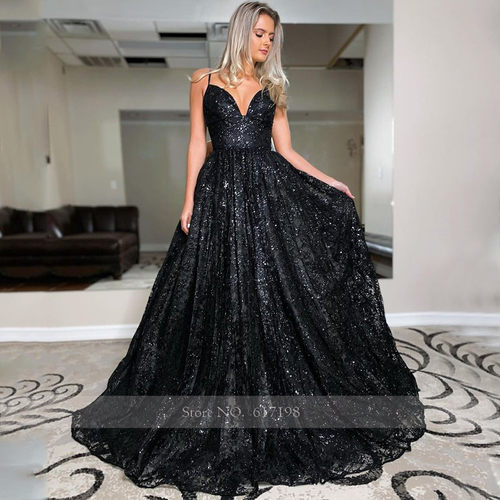 极速V-Neck Spaghetti Straps Floor-Length Pleats Black Sequin