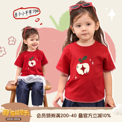 小o爸女婴童女宝宝t恤短袖2025夏季新款亲子装母女装红色洋气上衣