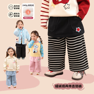 小o爸女婴童 女宝宝加绒直筒裤2025冬季新款保暖屁帘假两件长裤
