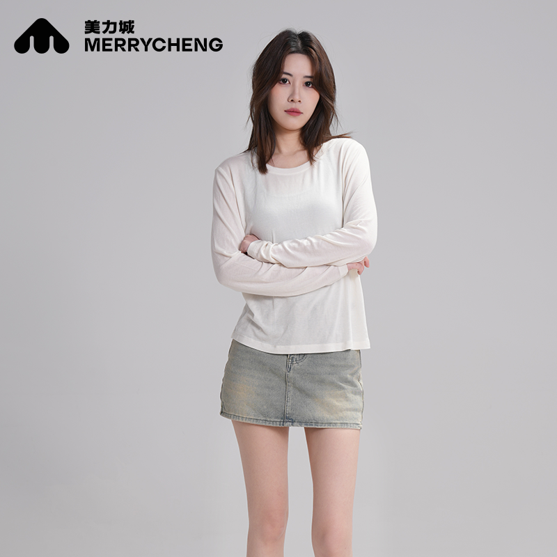 【美力城】微透莱赛尔长袖上衣女夏季不规则打底斜肩薄款防晒罩衫