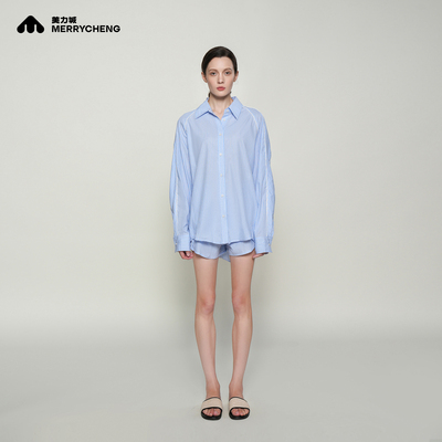 美力城2025秋季新款蓝白条纹衬衫休闲宽松显瘦短裤套装