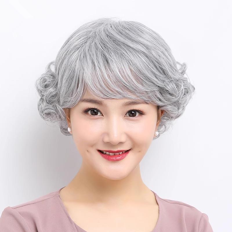 中老年假发女短发妈妈款真头发透气 女士花白色奶奶假发套全真发