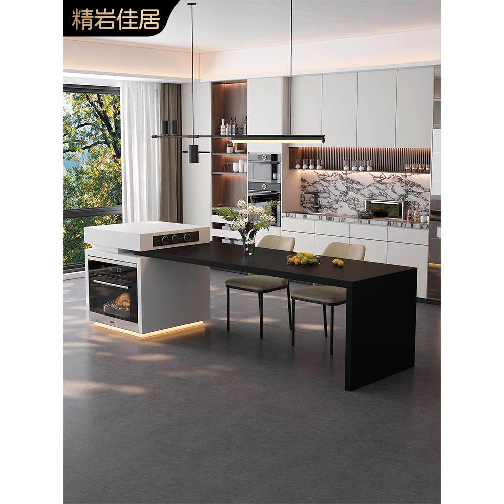 意式极简岛台餐桌一体岩板导台定制嵌入烤箱小户型开放式厨房导台