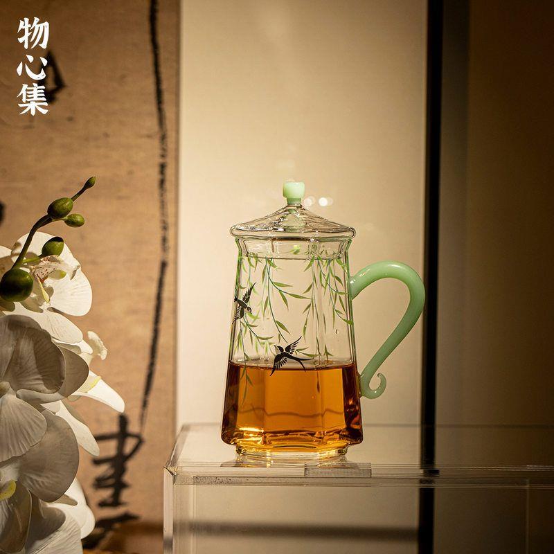 物心集耐热玻璃大号茶杯带盖子办公室绿琥珀手把水杯高硼硅花茶杯