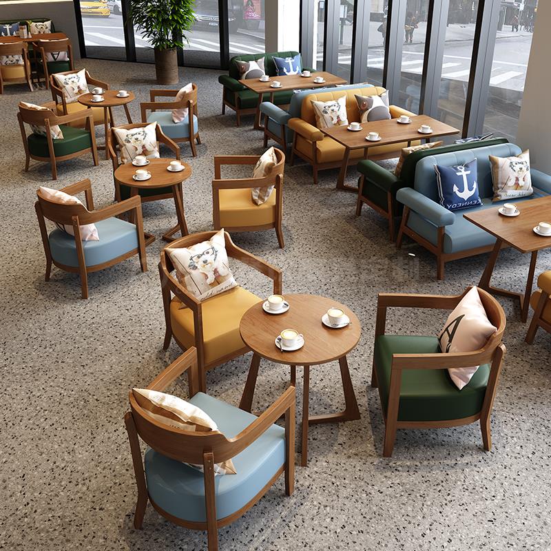 复古咖啡厅桌椅书吧阅览室公共洽谈区奶茶烘焙店休闲实木沙发组合