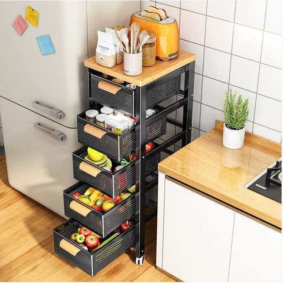 厨房菜篮子置物架带抽屉落地多层夹缝放水果蔬菜收纳储物柜