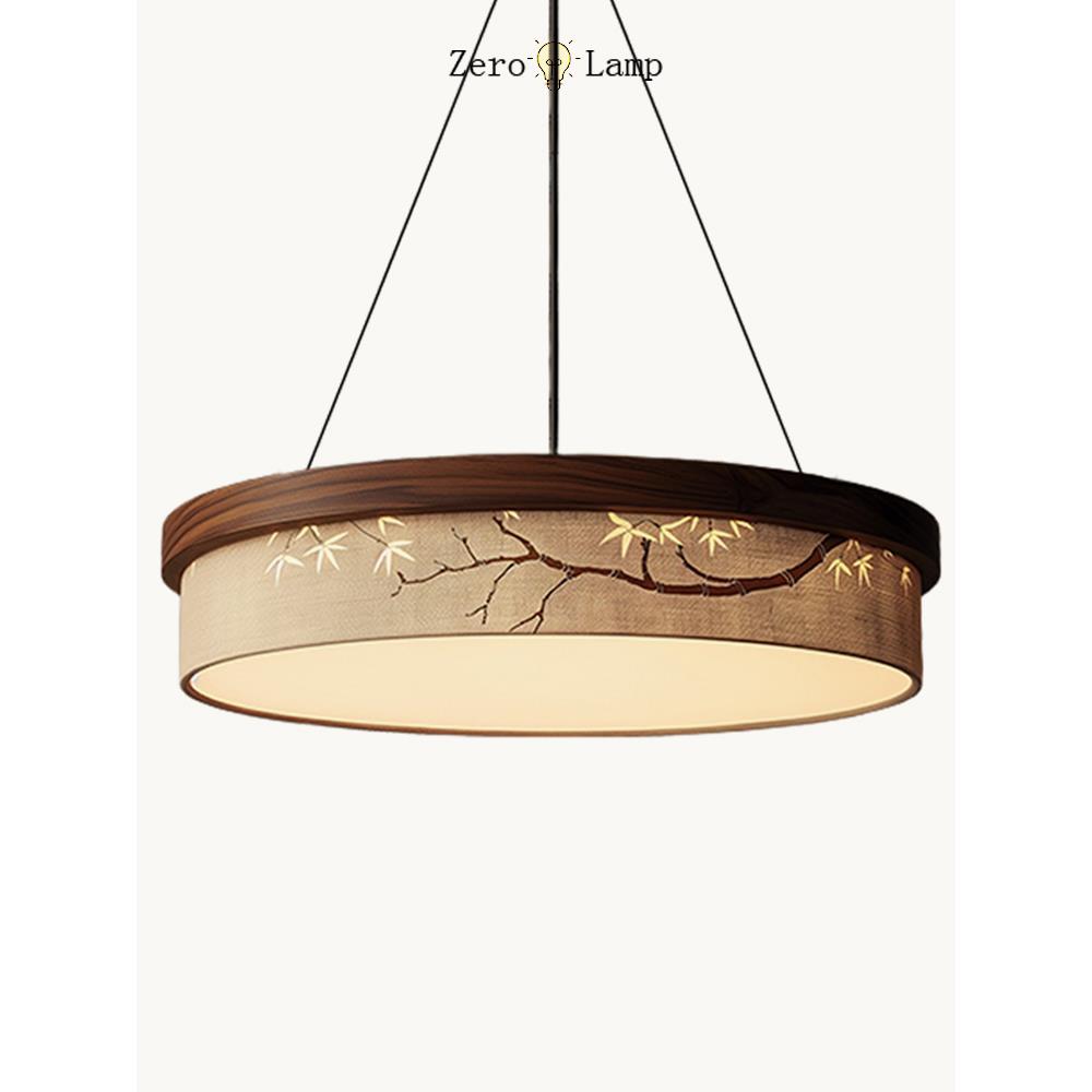 宋代美学圆形客厅吊灯新中国禅宗风格竹叶实木织物茶室卧室房间主