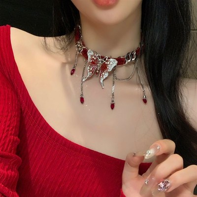 新品红色蝴蝶项圈小众个性夸张流苏项链女颈链choker饰品锁骨链脖