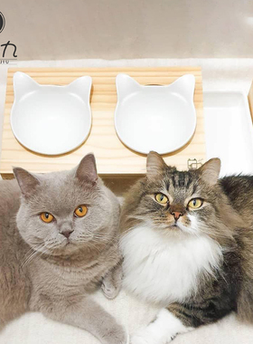 vivipet黑白猫耳碗 猫咪陶瓷双碗倾斜斜口猫碗水碗粮碗宠物碗狗碗