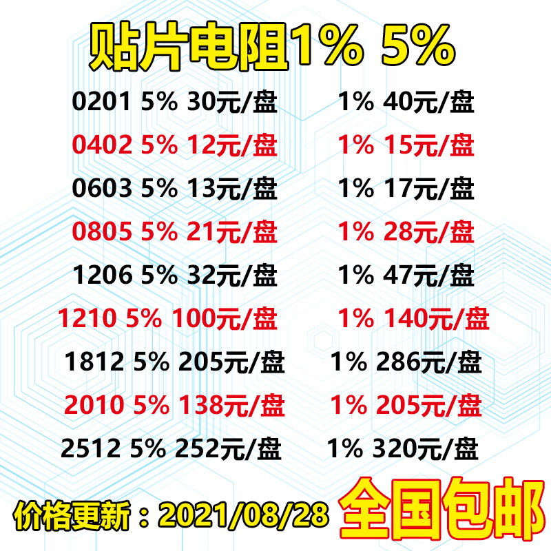 贴片电阻0603 0805 1206 1210 1% 1R~10R 2R 4R7 5R1 10R整盘包邮