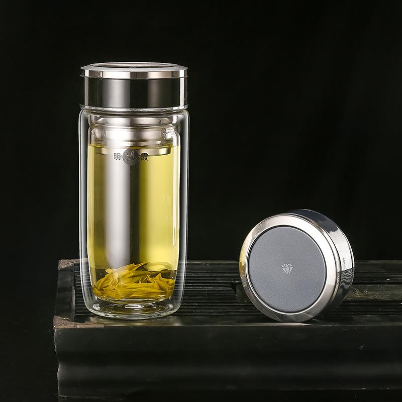 明霞鹅蛋杯双层加厚高硼硅玻璃水杯商务办公便携透明过滤泡茶杯子