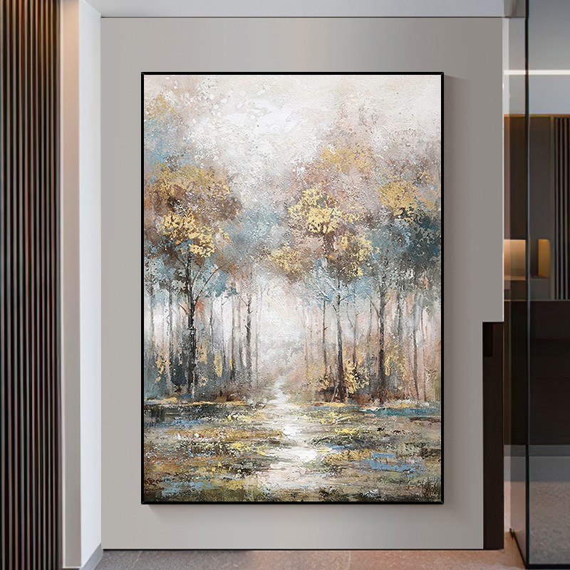 好货手绘油画发财树金箔餐厅壁画客厅沙发背景墙装饰画玄关挂画肌