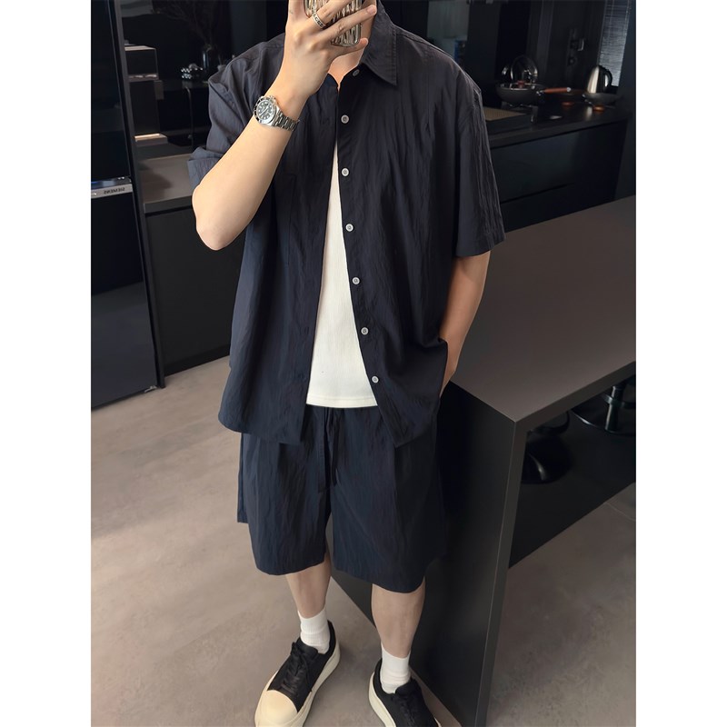 好货里奈男装休闲夏日薄款短袖衬衫度假套装男士简约韩系宽松