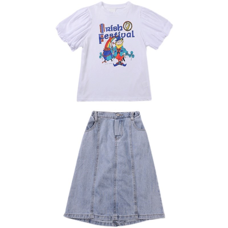 中大女童网红套装2021夏装新款小女孩洋气牛仔半身裙时髦两件套潮