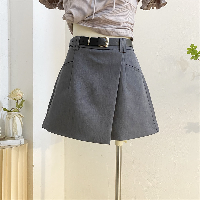 设计感灰色西装裙裤2025春夏复古高腰a字阔腿短裤防走光腰带裤裙