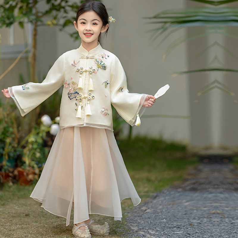 女童国风套装夏2024新款中大童古风薄款汉服裙子两件儿童旗袍裙潮