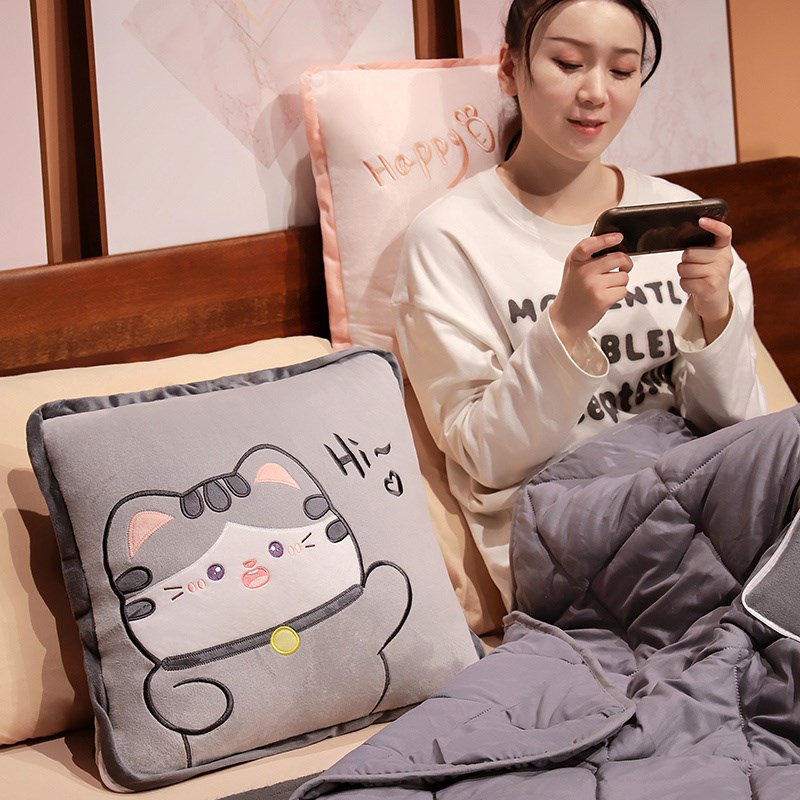 卡通猫咪抱枕被子两用加厚车载靠枕毯子二合一办公室靠背午睡枕头