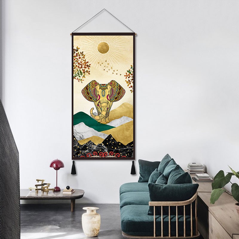 复古房间挂画布艺发财树挂布玄关壁毯大象挂毯民宿装饰画书房壁挂