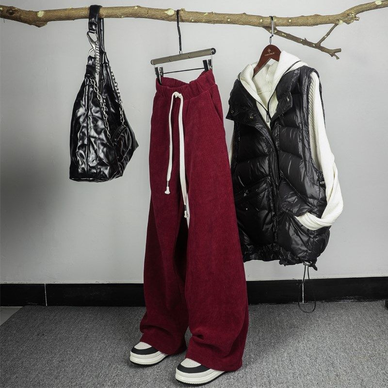 红色系穿搭加绒裤子女秋冬直筒休闲裤2024新款酒红色阔腿裤女垂感,女装/女士精品,休闲裤,淘宝优惠券,粉丝福利购,淘宝优惠卷