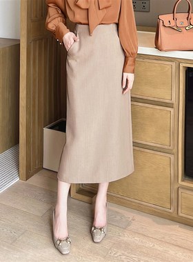 西装直筒裙女秋季新款高腰包臀裙气质休闲口袋A字半身裙23285