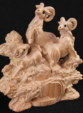 桃木三羊开泰摆件桃木原色木羊质木雕实木三阳开泰工艺品办公室