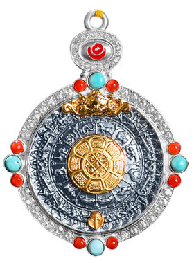 九宫八卦牌西藏S925纯银鎏金十二生肖吊牌腰牌吐宝鼠九宫八卦吊坠