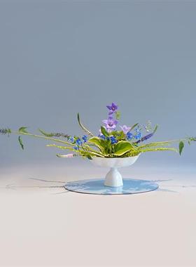 墨蓝色的花器小原流公主日式插花直立开放手工陶瓷金边果盘型花道