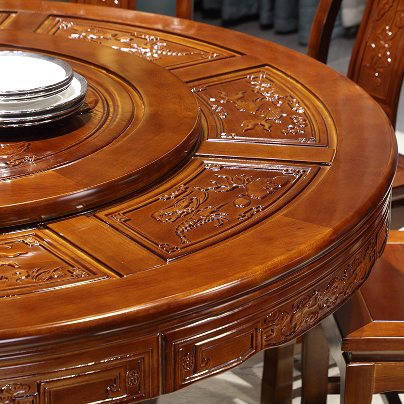 全实木仿古餐桌椅组合中式花梨木饭桌带转盘红木餐厅圆桌家用雕花