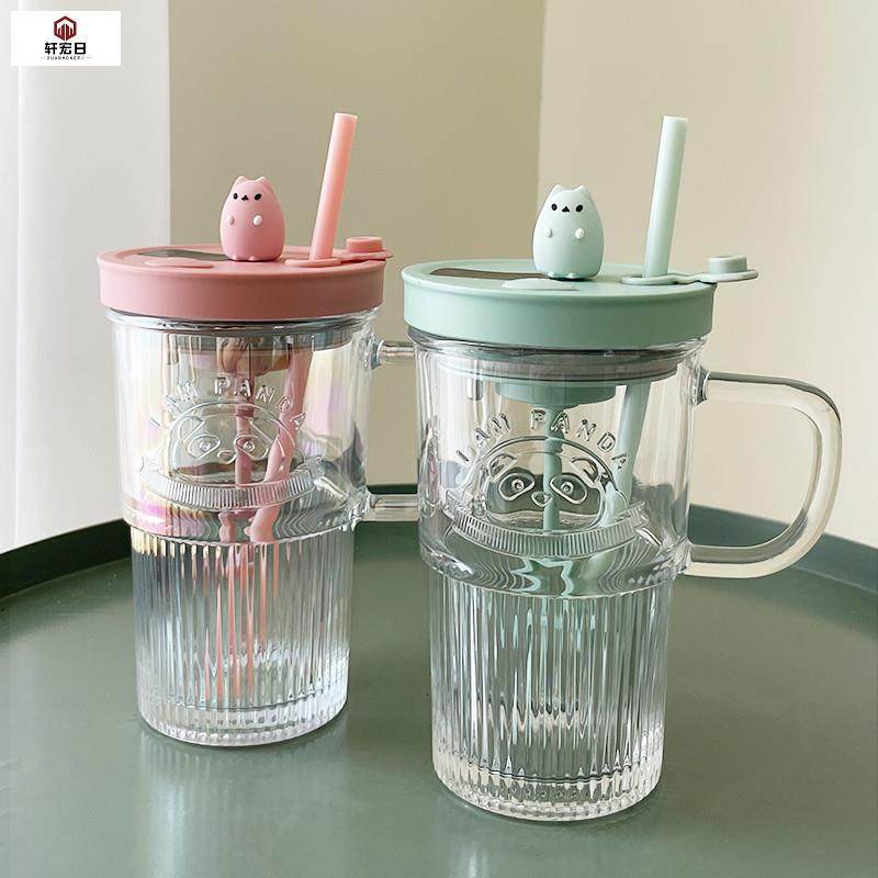 水杯浮雕熊猫玻璃杯高颜值智能显温杯子一键搅拌吸管杯牛奶咖啡杯