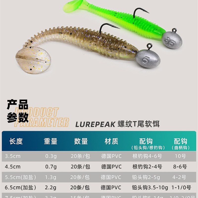 螺纹T尾软饵铅头钩倒钓德州缓沉鲈鱼鳜鱼翘嘴路亚假饵螺旋软虫