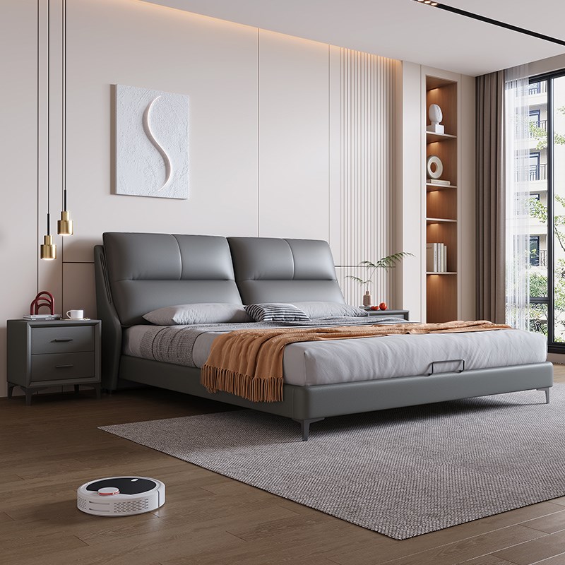 意式极简真皮床主卧大床北欧轻奢高级婚床双人床现代简约软包床