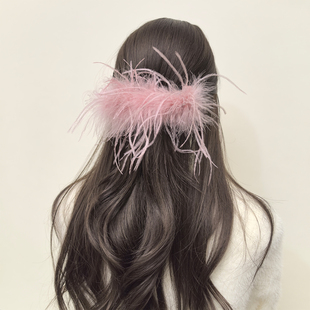 超仙绝美蓬松鸵鸟毛香蕉夹女后脑勺盘发夹竖夹马尾发夹高级感