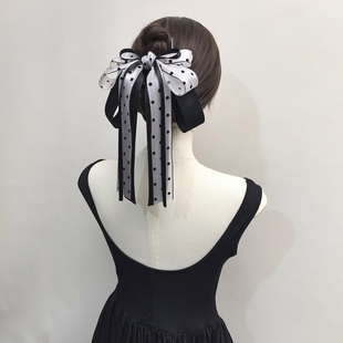 原创黑白波点蝴蝶结抓夹发饰飘带简约头饰后脑勺发卡女高级感