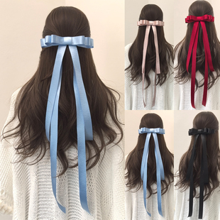 法式双面闪光缎多层蝴蝶结长飘带发夹后脑勺头饰甜美芭蕾风发饰