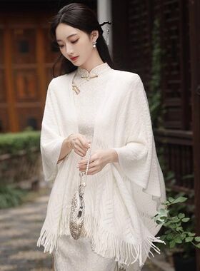 2025新款白色旗袍披肩女春夏中国