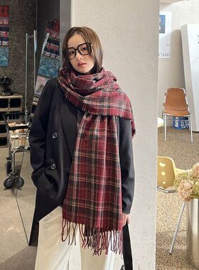 新年红色格子围巾女韩系披肩围脖