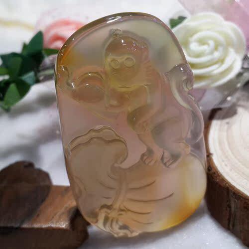 极速天然翡翠黄翡色玉俏色冰种玻璃种 十二生肖 代代封喉 猴 挂件