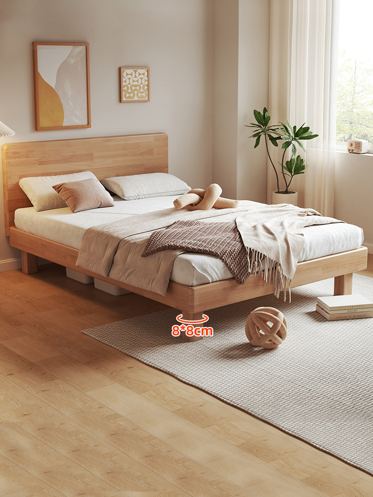 全实木橡胶木双人床现代简约排骨架任意尺寸可定制悬浮床1m榻榻米