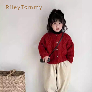 英国Riley Tommy儿童红色麻花毛衣开衫外套洋气新年针织开衫上衣