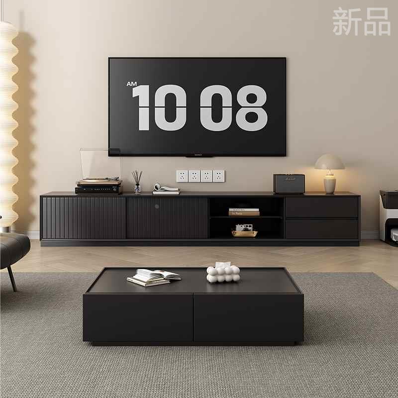 极简实木电视柜家客厅用简约现代轻奢高级感黑色靠墙落地电视新品