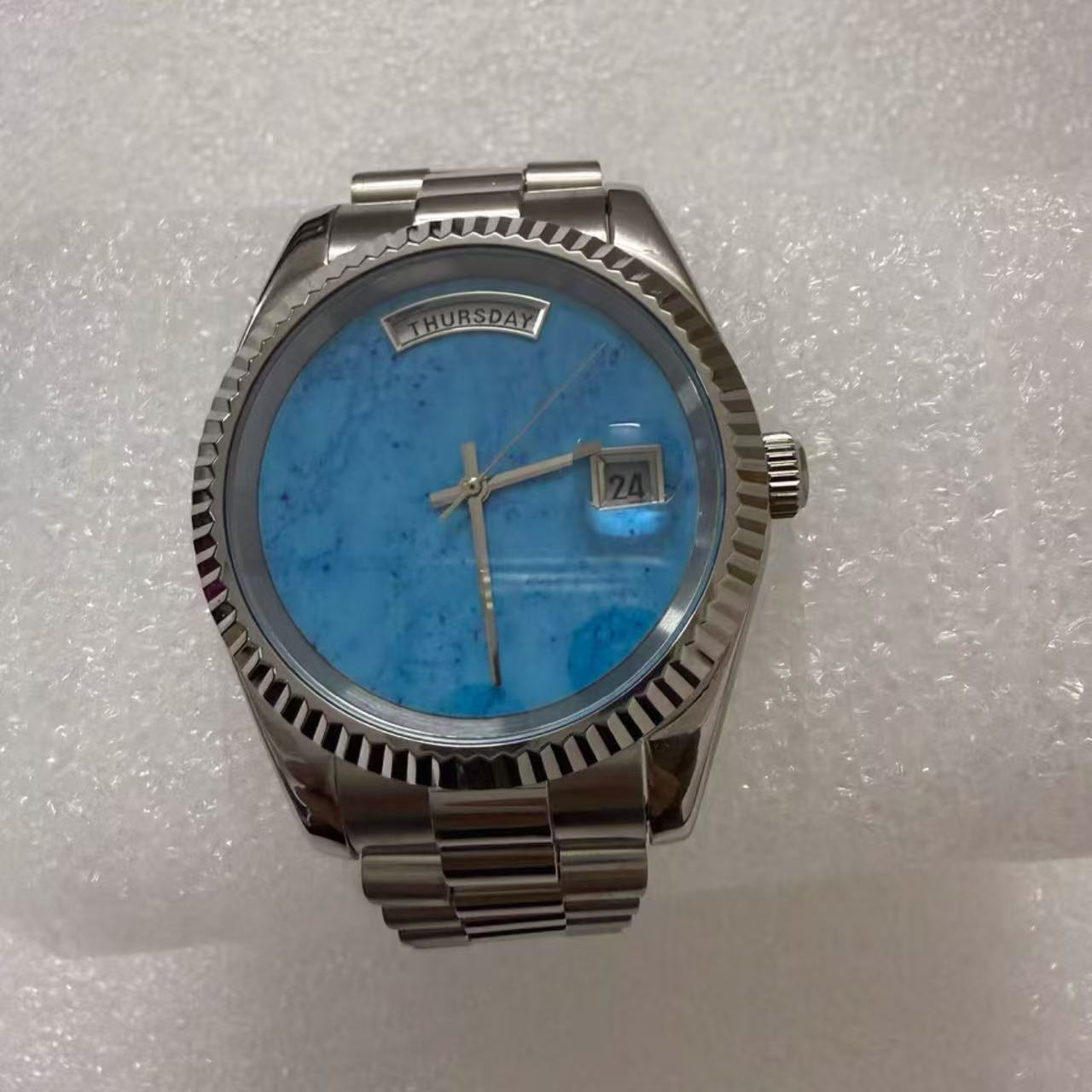 8285机天然绿松石蓝金石，手表钢带，蓝宝石玻璃，美优达8285机芯