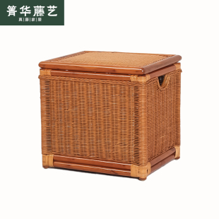 印尼桔色方款田园编织藤箱带盖收纳可坐杂物箱储物凳换鞋顺丰包邮